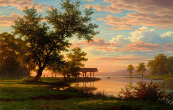 Картинка деревья, закат, река, вечер, Robert Zünd