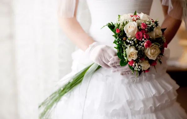 Картинка белое, розы, букет, платье, свадьба, roses, Wedding