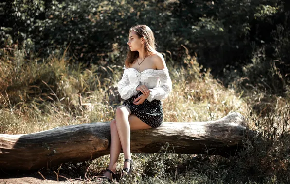 Картинка grass, blouse, trees, nature, model, women, brunette, sitting