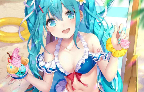 Girl, sexy, vocaloid, hatsune miku, cleavage, beach, long hair, boobs