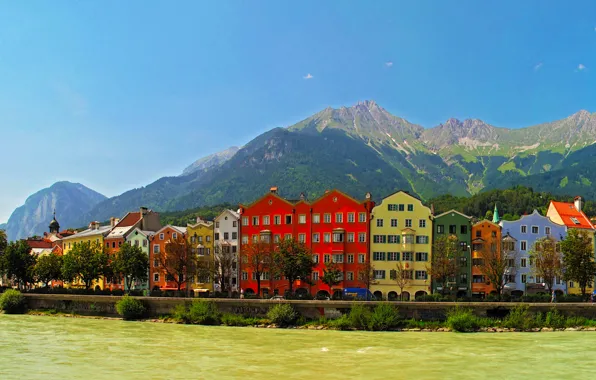 Горы, город, река, фото, дома, Австрия, Innsbruck