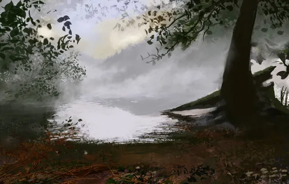 Картинка осень, деревья, природа, туман, озеро, арт