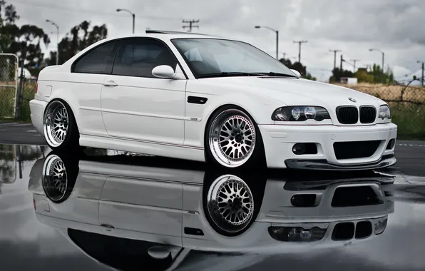 Картинка белый, отражение, бмв, BMW, white, E46