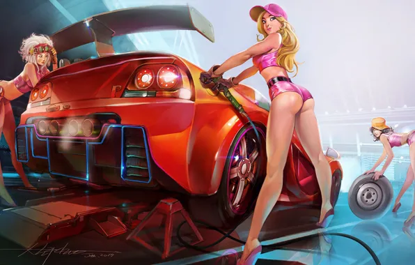 Красный, Девушка, Авто, Попа, Девушки, Рисунок, Машина, Car