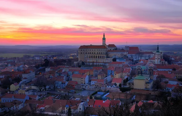 Закат, город, вечер, Чехия, česká republika zámek mikulov