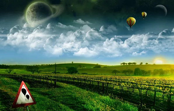 Картинка зелень, мечта, космос, полет, здесь исполняются желания, воздушные шары