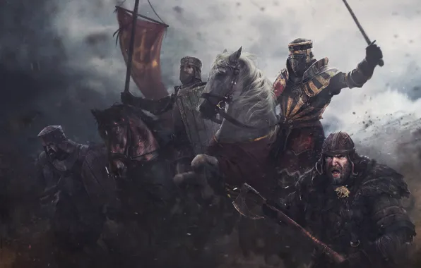 Картинка оружие, лошадь, доспехи, флаг, воин, Рыцарь