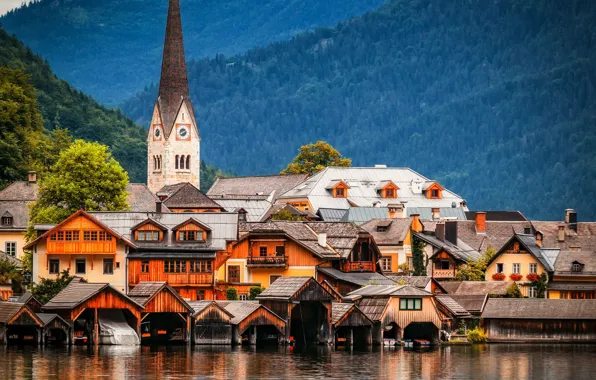 Горы, озеро, здания, дома, Австрия, церковь, Austria, Hallstatt