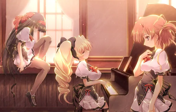 Девушки, рояль, окно, арт, форма, музыкальный инструмент, game cg, natsu no owari no nirvana
