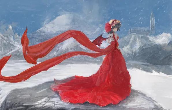 Картинка зима, девушка, снег, горы, замок, крылья, платье, арт