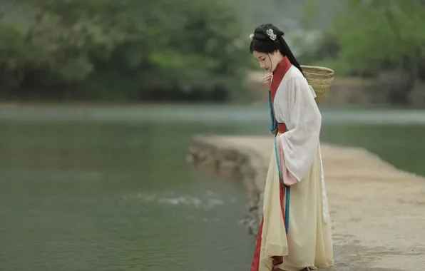 Beautiful, Asian, Model, Water, Woman, Trees, Pond, Pretty