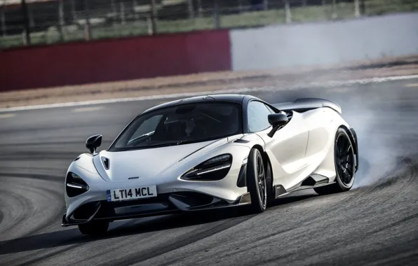 Картинка белый, дым, McLaren, поворот, трек, 2020, 765LT