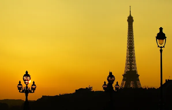 Франция, Париж, башня, силуэт, фонари