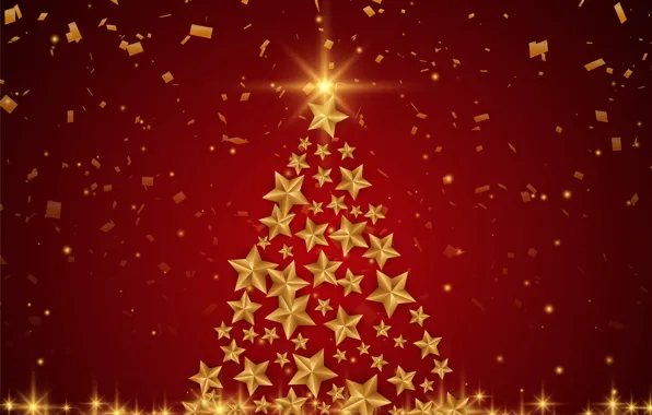 Звезды, украшения, фон, золото, елка, Рождество, Новый год, red