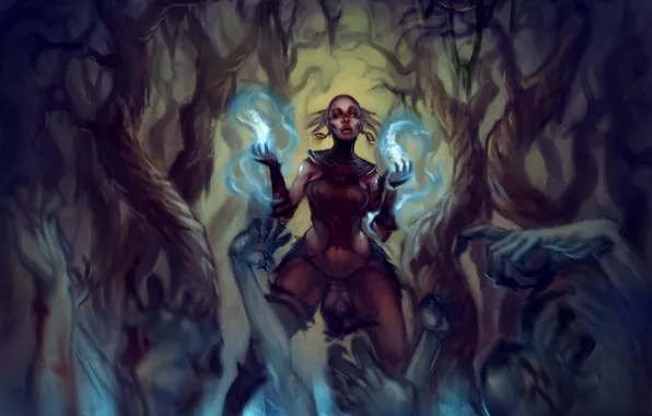 Картинка лес, деревья, магия, женщина, арт, демоны, мертвецы, diablo 3