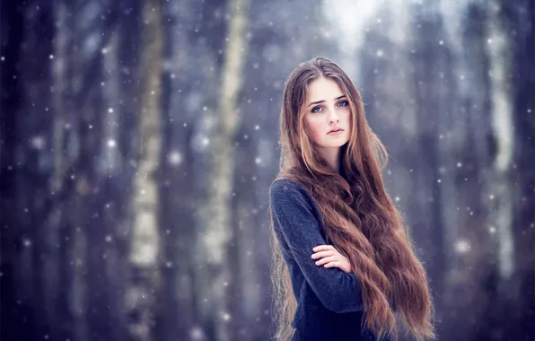 Картинка девушка, снег, шатенка, длинноволосая