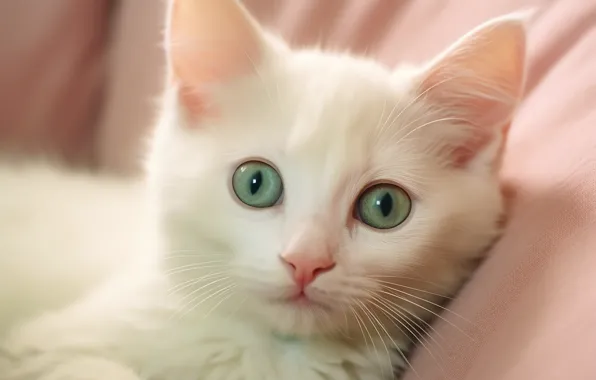 Кошка, белый, взгляд, поза, котенок, портрет, постель, лежит