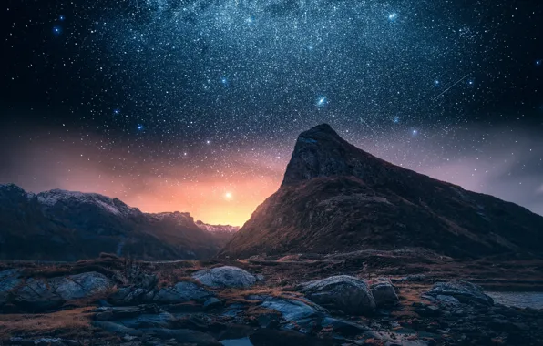 Картинка небо, звезды, горы, ночь, скалы, гора
