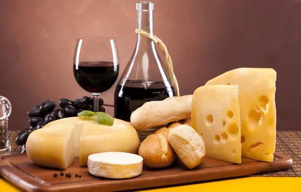 Картинка вино, красное, бокал, сыр, хлеб, виноград, перец, батоны