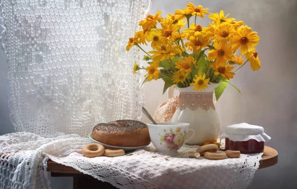 Цветы, букет, выпечка, варенье, булка, сушки