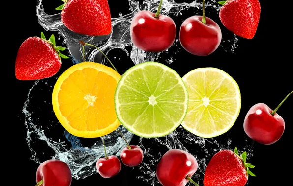 Картинка вода, вишня, ягоды, клубника, фрукты, цитрусы, чёрный фон, черешня