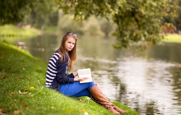 Картинка girl, river, nature, shore