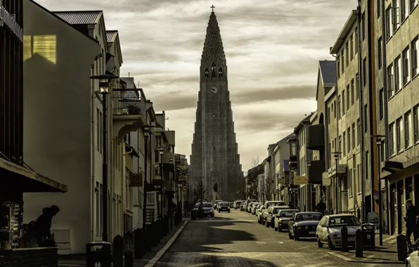Картинка авто, машины, улица, здания, церковь, Исландия, Iceland, Reykjavik