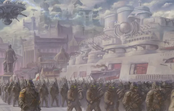 Картинка город, корабль, поезд, армия, арт, солдаты, империя, бронепоезд