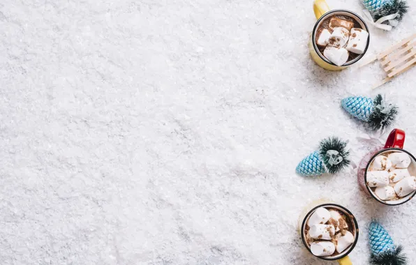 Снег, новый год, Christmas, декор, какао, marshmallows