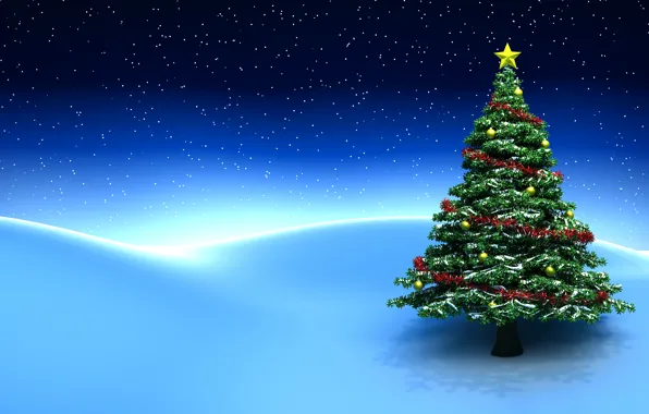 Звезды, снег, украшения, елка, Новый год, new year, snow, stars