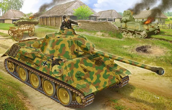 Рисунок, деревня, прототип, немцы, т-34, средний танк, подбитые, VK 3002 DB