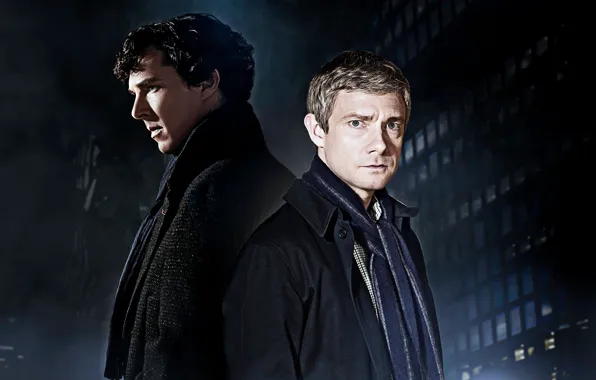 Ночь, город, Шерлок Холмс, Мартин Фриман, Бенедикт Камбербэтч, Sherlock, Sherlock BBC, Sherlock Holmes