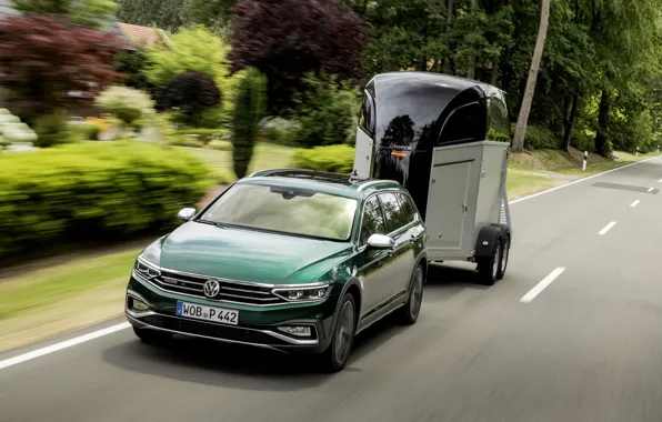 Картинка Volkswagen, прицеп, универсал, Passat, тёмно-зелёный, Alltrack, 2019