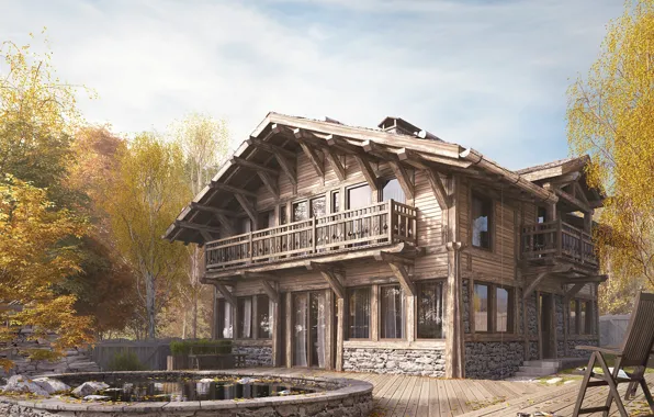 Деревья, дом, стул, архитектура, CHALET HOUSE