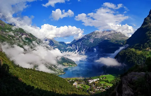 Картинка облака, горы, деревня, Норвегия, панорама, Norway, фьорд, Мёре-ог-Ромсдал