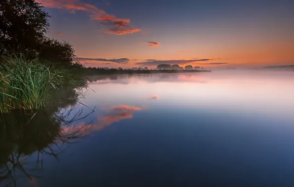Облака, озеро, отражение, рассвет, утро, Нидерланды, Голландия