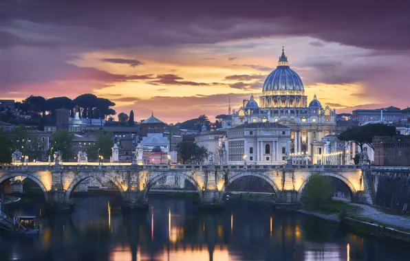 Картинка мост, город, здания, вечер, освещение, Рим, Италия, собор