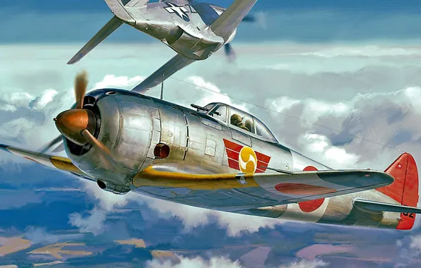 Рисунок, mustang, арт, Nakajima, p-51, Shoki, Императорская армия Японии, дноместный цельнометаллический истребитель-перехватчик