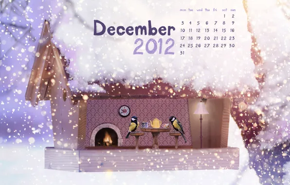 Картинка снег, птицы, чай, новый год, рождество, скворечник, new year, календарь
