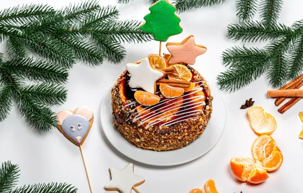 Картинка печенье, Рождество, торт, Новый год, мандарин, еловые ветки