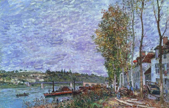 Картинка деревья, пейзаж, мост, река, лодка, дома, картина, весна