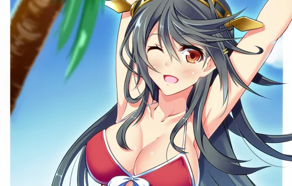 Girl, sexy, cleavage, long hair, brown eyes, boobs, anime, beautiful