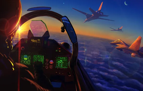 Картинка небо, полет, самолет, арт, ВВС, России, Су-30, Ту-160