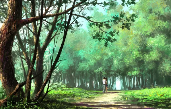 Картинка девушка, деревья, парк, арт, дорожка, парень, объятие
