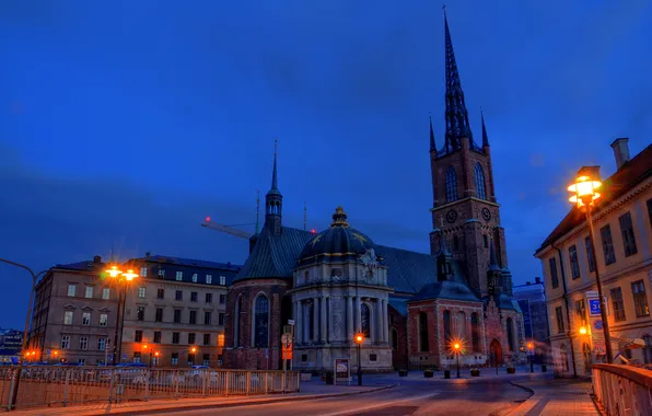 Картинка Швеция, Стокгольм, фонари, церковь, ночь, улица
