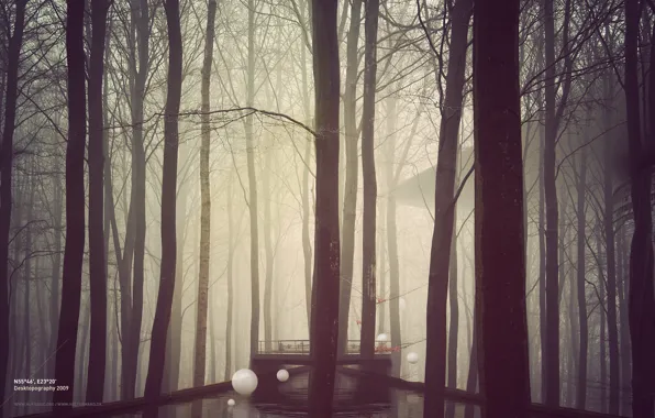 Картинка лес, деревья, мост, туман, река, шары, сооружение, белые