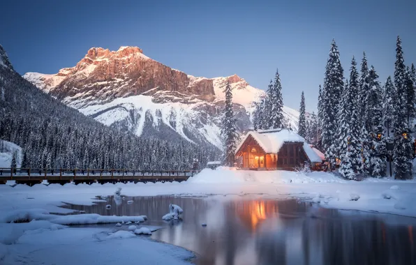 Зима, снег, деревья, горы, озеро, Канада, домик, Canada