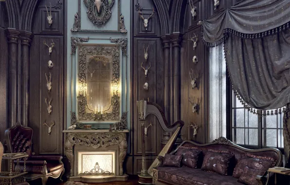 Мебель, интерьер, арфа, помещение, Fin-de-siecle hunting gallery
