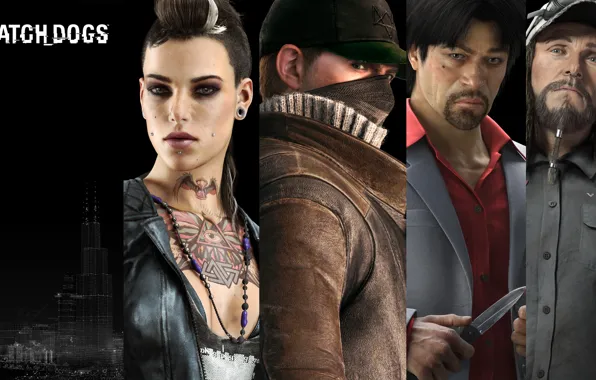 Город, тату, нож, Watch Dogs, Ubisoft Montreal, Сторожевые псы, Aiden Pearce, Clara Lille