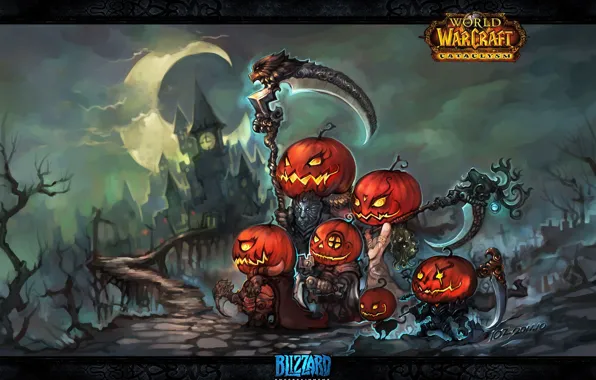 Картинка оружие, арт, эльфы, тыквы, Halloween, Хэллоуин, WoW, World of Warcraft